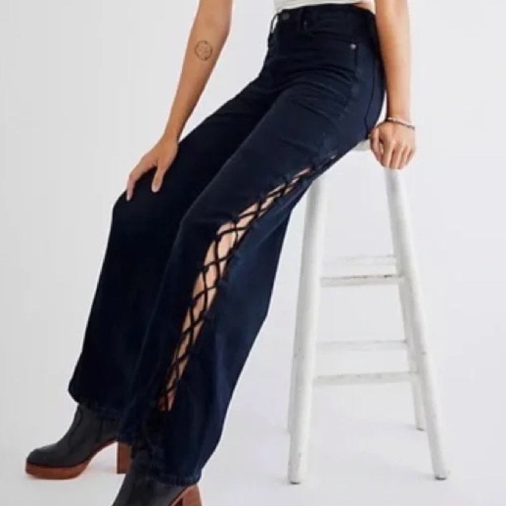 Free People Laced Up Woven Slouchy Jeans Womens Size 28